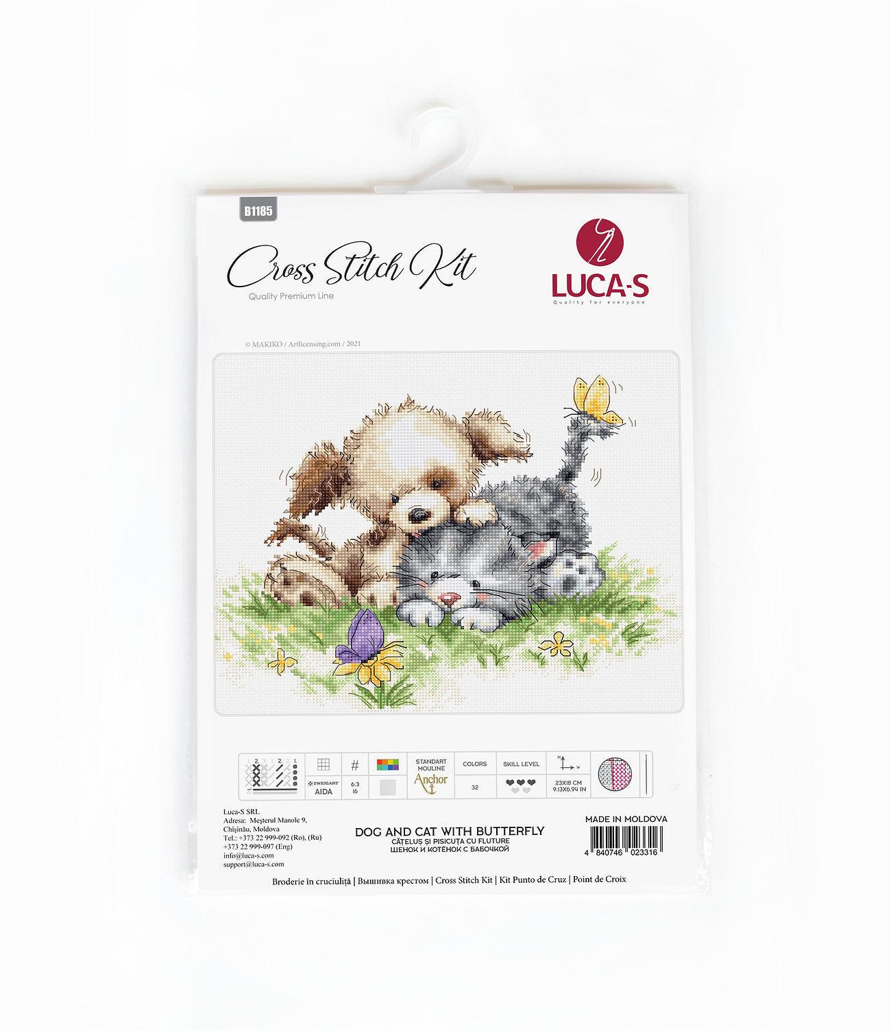 Cross Stitch Kit Luca - S - Dog and Cat with Butterfly, B1185 - Luca - S Yarns