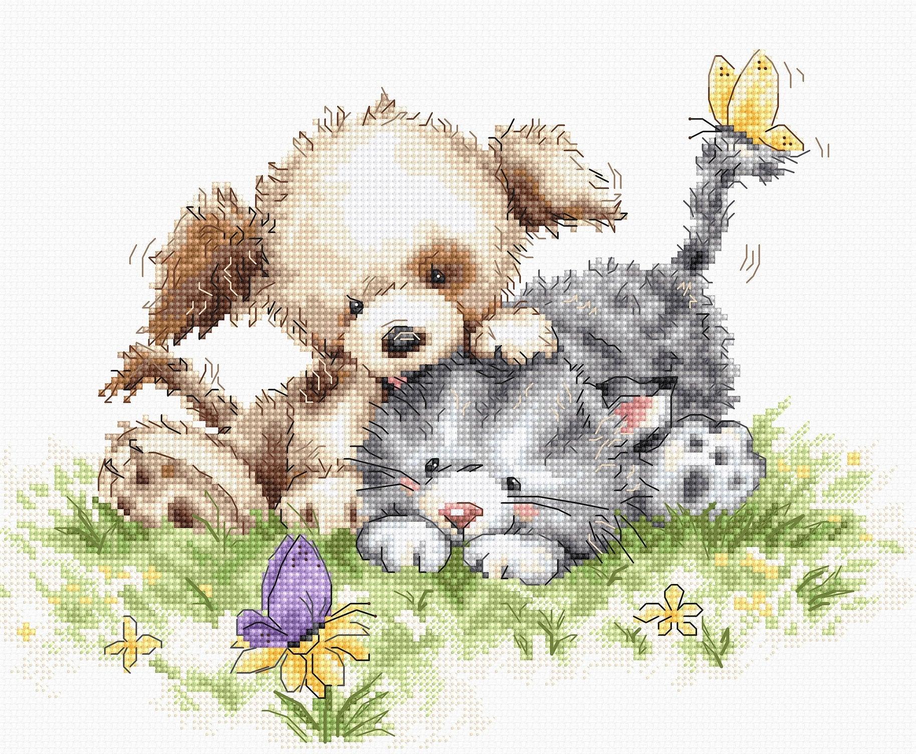 Cross Stitch Kit Luca - S - Dog and Cat with Butterfly, B1185 - Luca - S Yarns
