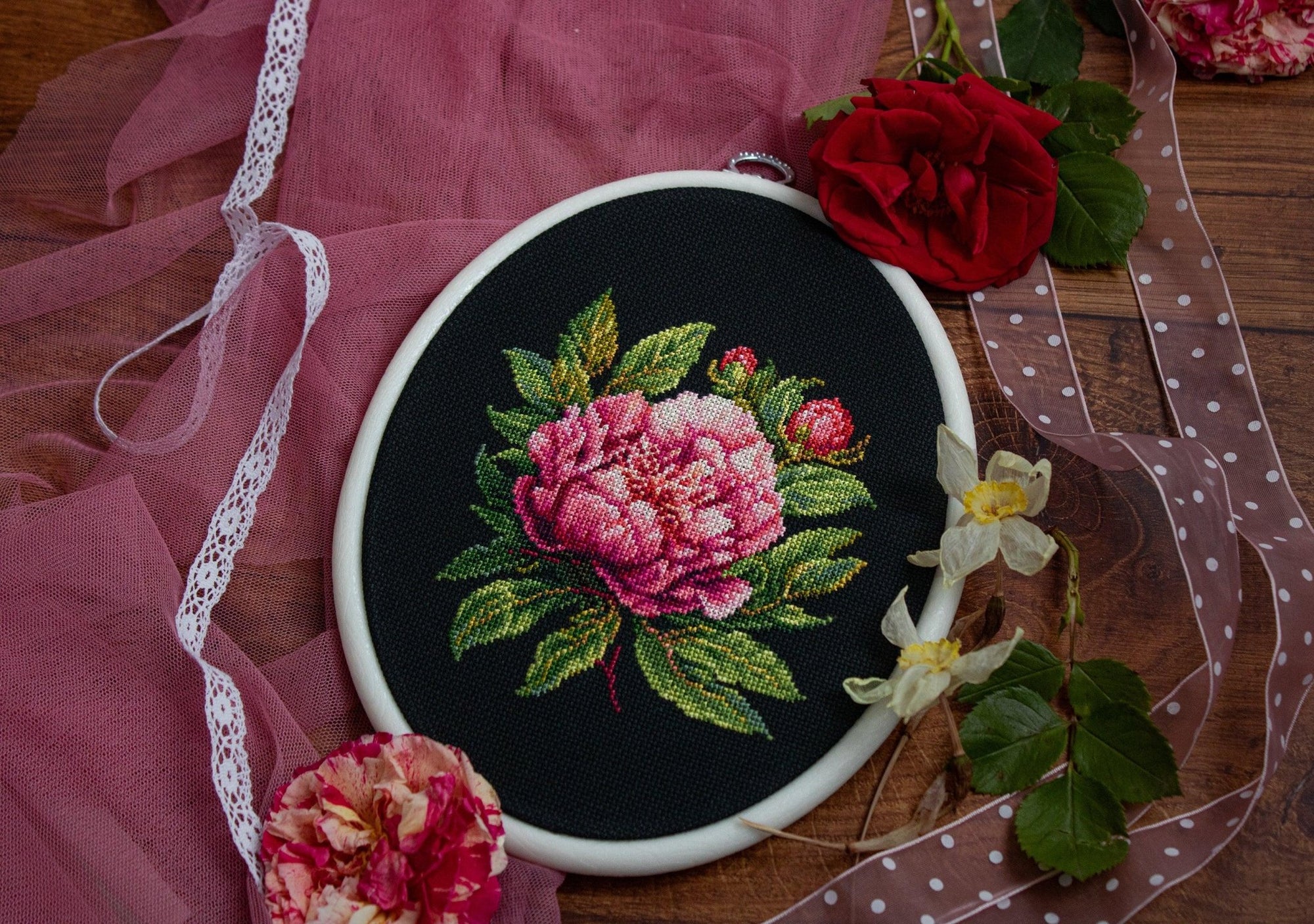 Cross Stitch Kit with Hoop Included Luca - S - BC204 ’’Peter Brand’’ Peony - Luca - S Yarns