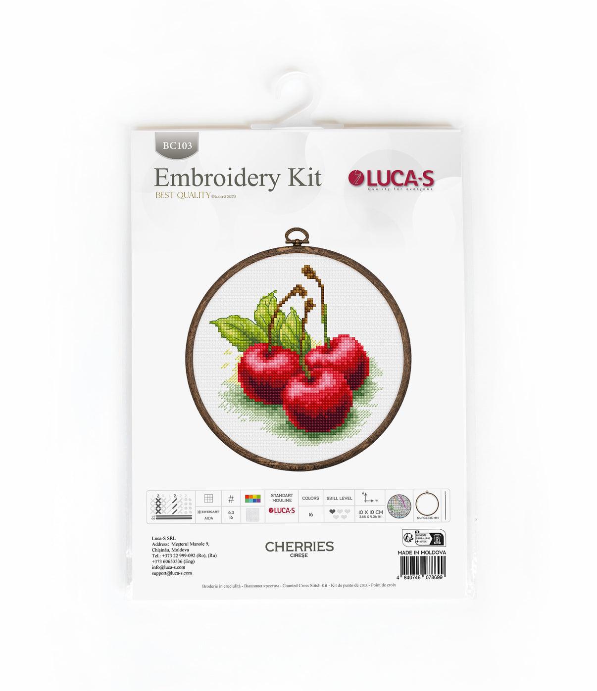 Cross Stitch Kit with Hoop Included Luca - S - Cherries, BC103 - Luca - S Yarns