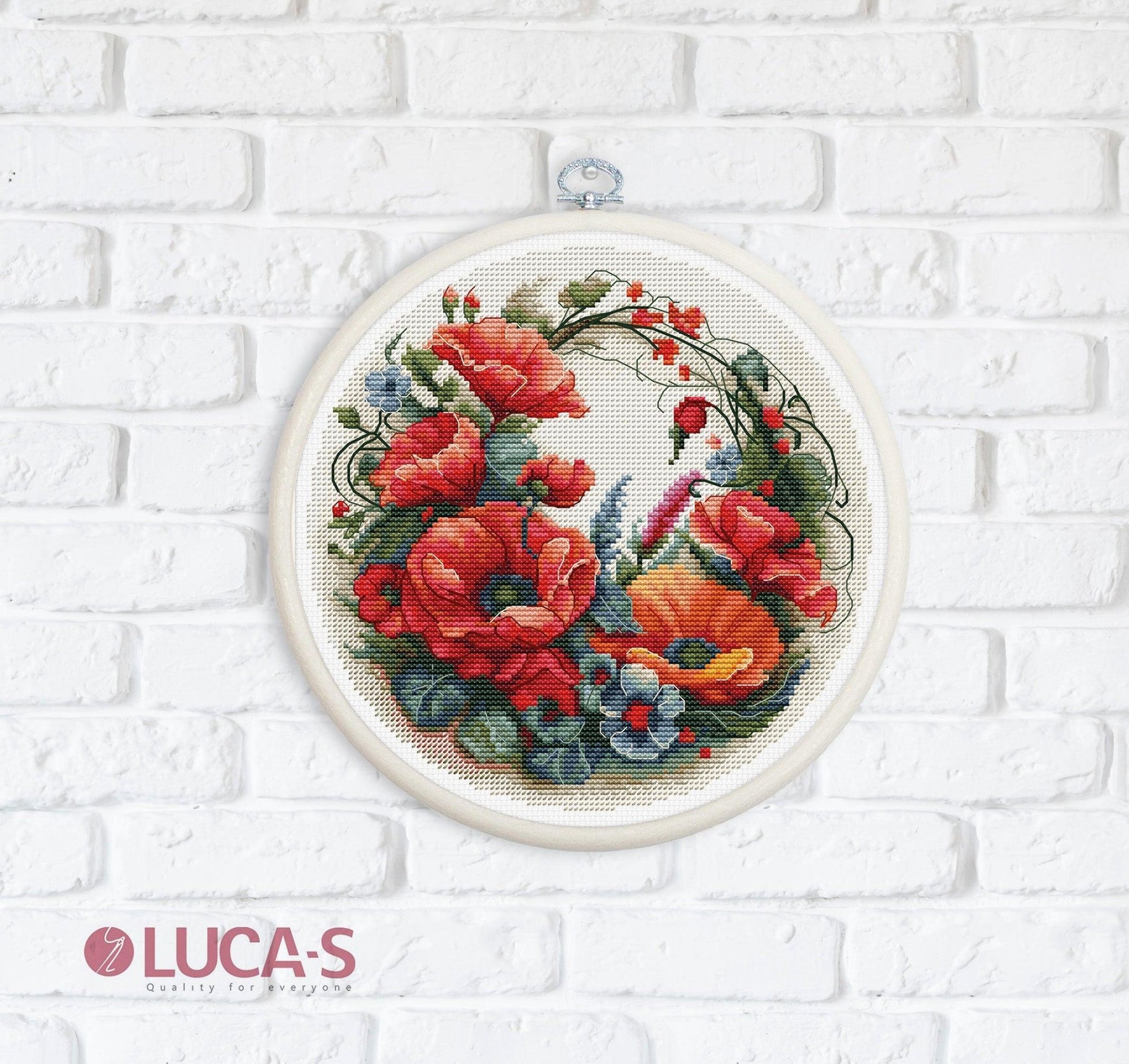 Cross Stitch Kit with Hoop Included Luca - S - Composition With Poppies, BC209 - Luca - S Yarns