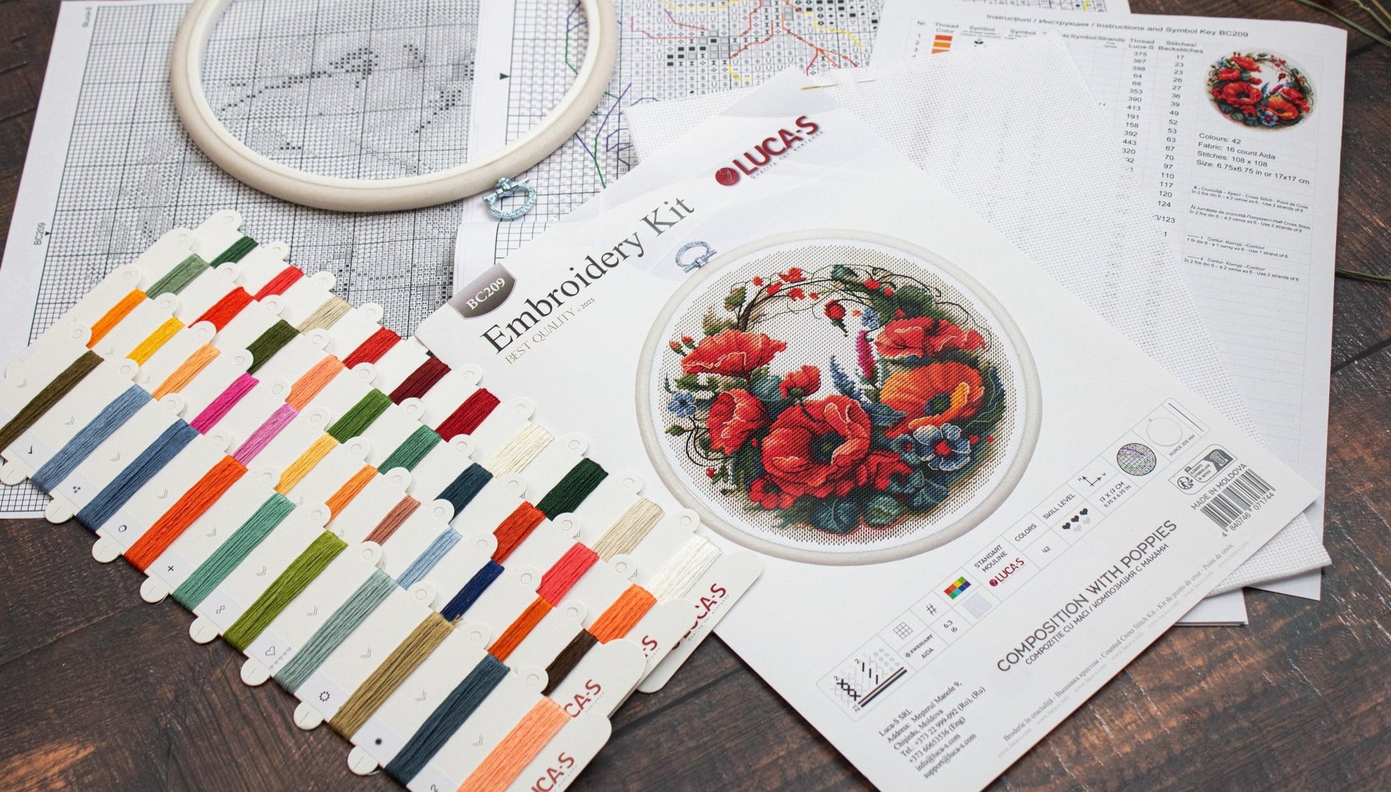 Cross Stitch Kit with Hoop Included Luca - S - Composition With Poppies, BC209 - Luca - S Yarns