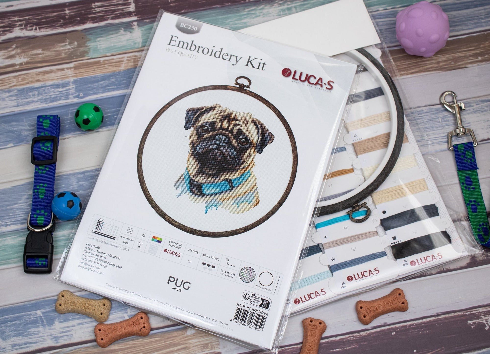 Cross Stitch Kit with Hoop Included Luca - S - Pug, BC230 - Luca - S Yarns