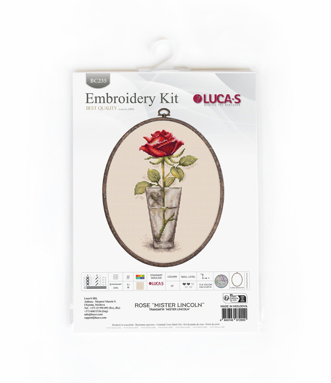 Cross Stitch Kit with Hoop Included Luca - S - Rose “Mister Lincoln”, BC235 - Luca - S Yarns