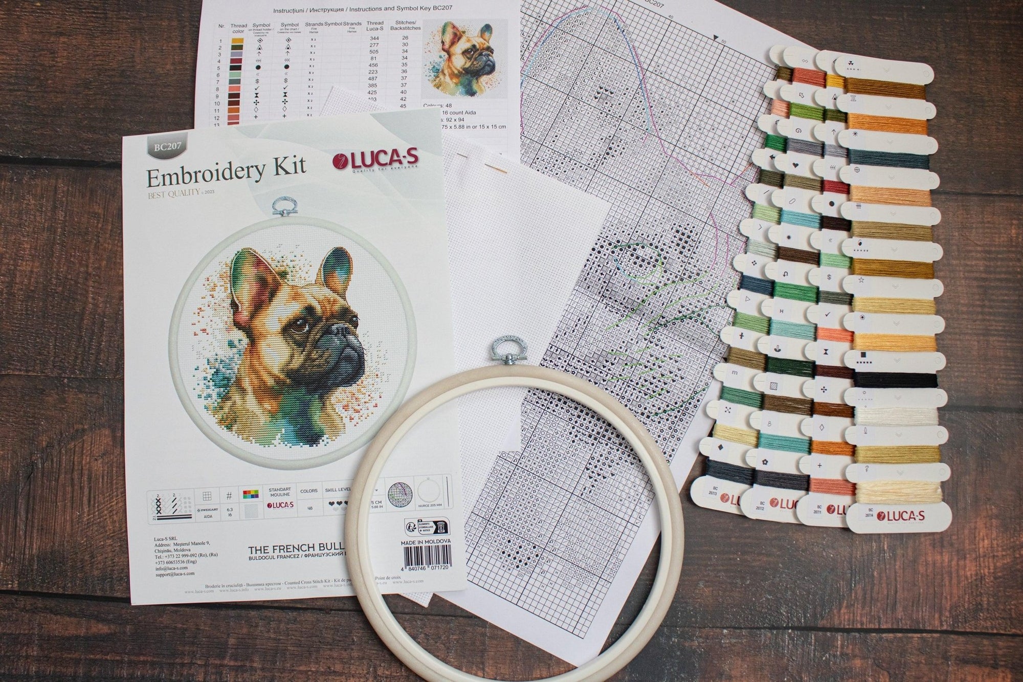 Cross Stitch Kit with Hoop Included Luca - S - The French Bulldog, BC207 - Luca - S Yarns