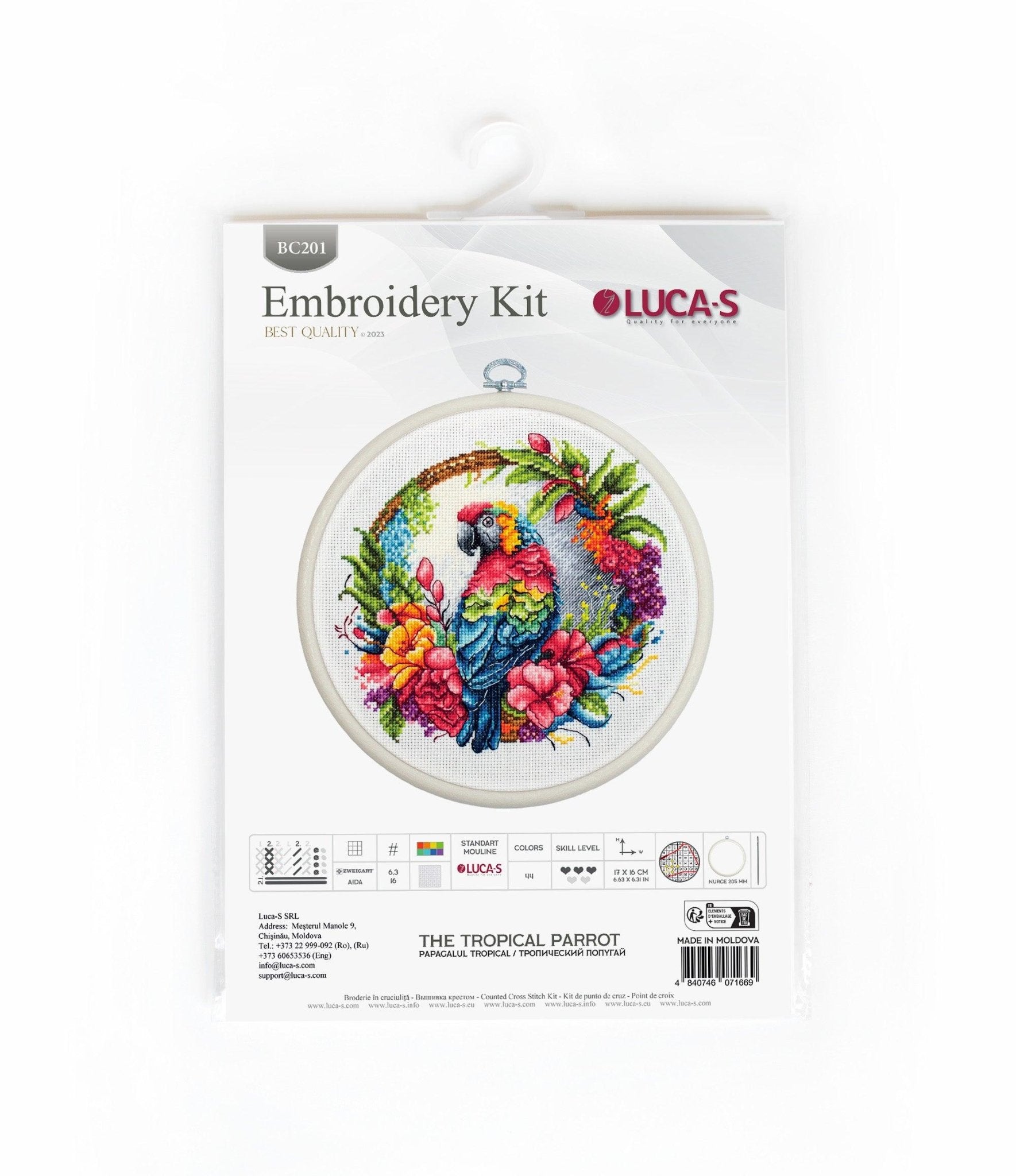 Cross Stitch Kit with Hoop Included Luca - S - The Tropical Parrot, BC201 - Luca - S Yarns